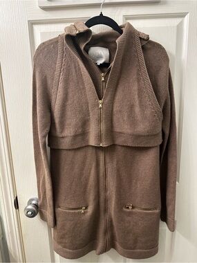 Adam Lippes Taupe-Brown Zip-Front Hooded Knit Jacket